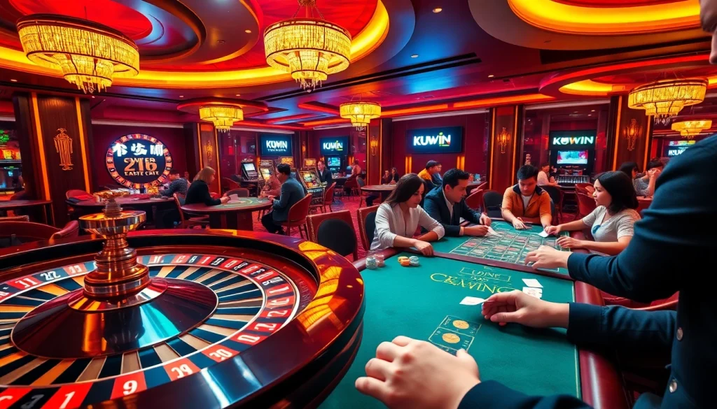 KUWIN casino scene showcasing intense poker action with vibrant lights.