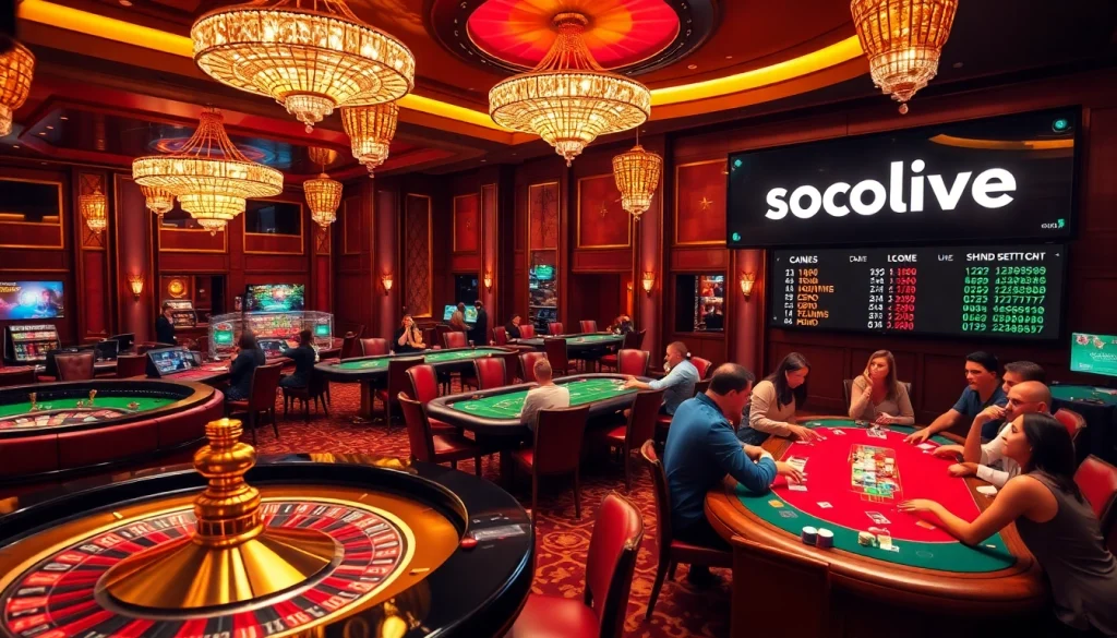 Exciting gameplay at a casino with poker chips and a displayed betting board "socolive."