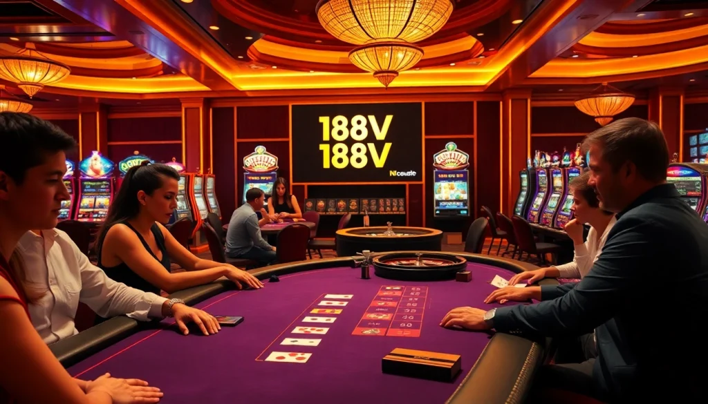 Intense players at a blackjack table in a dazzling casino featuring 188V branding.