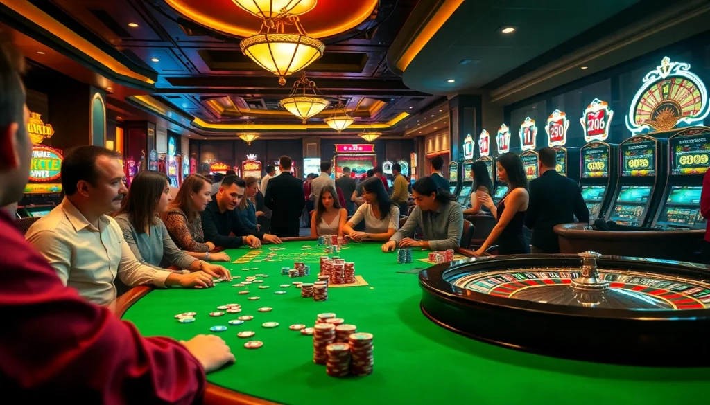 Intense poker game at a vibrant casino featuring nhà cái qq88, showcasing colorful poker chips and a roulette wheel.