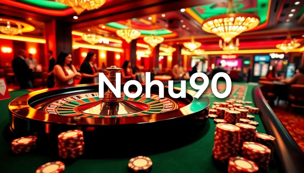 Nohu90 casino players engaged in a thrilling roulette game, highlighting excitement and luxury.