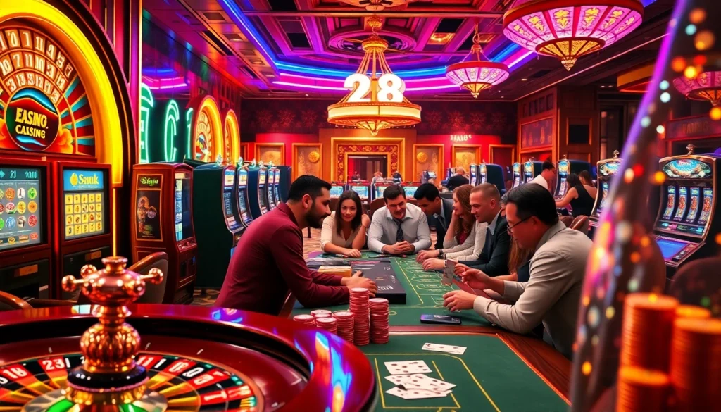 Players engaging at a casino with vibrant e28 signage and exciting gambling elements, including roulette and poker.