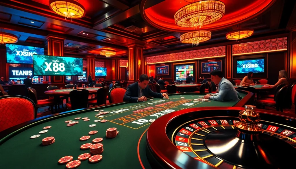 XX88 casino scene featuring poker players and roulette, embodying the thrill of gambling.
