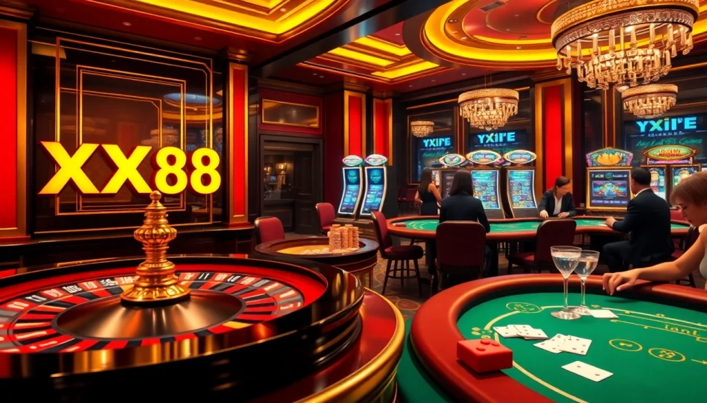 Experience the thrill of gambling at XX88 Casino with dynamic gameplay at roulette and poker tables.