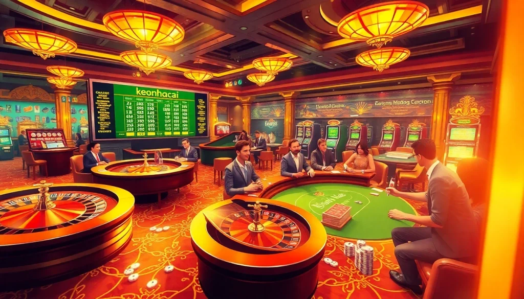 Players enjoying a thrilling game of poker at a casino, with keonhacai odds displayed prominently.