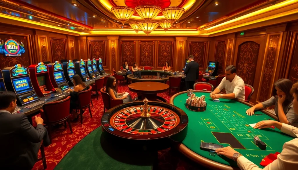 Players enjoying thrilling games in a sophisticated casino at https://f8beta2.me/, featuring roulette and poker tables.