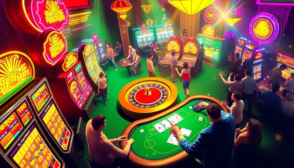 Exciting casino gameplay featuring vibrant slot machines, roulette wheel, and poker chips with cm88 branding.