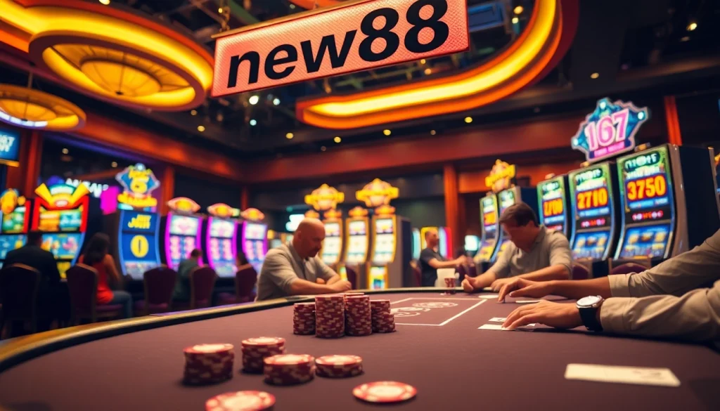 New88 casino environment featuring intense poker action and vibrant slot machines.