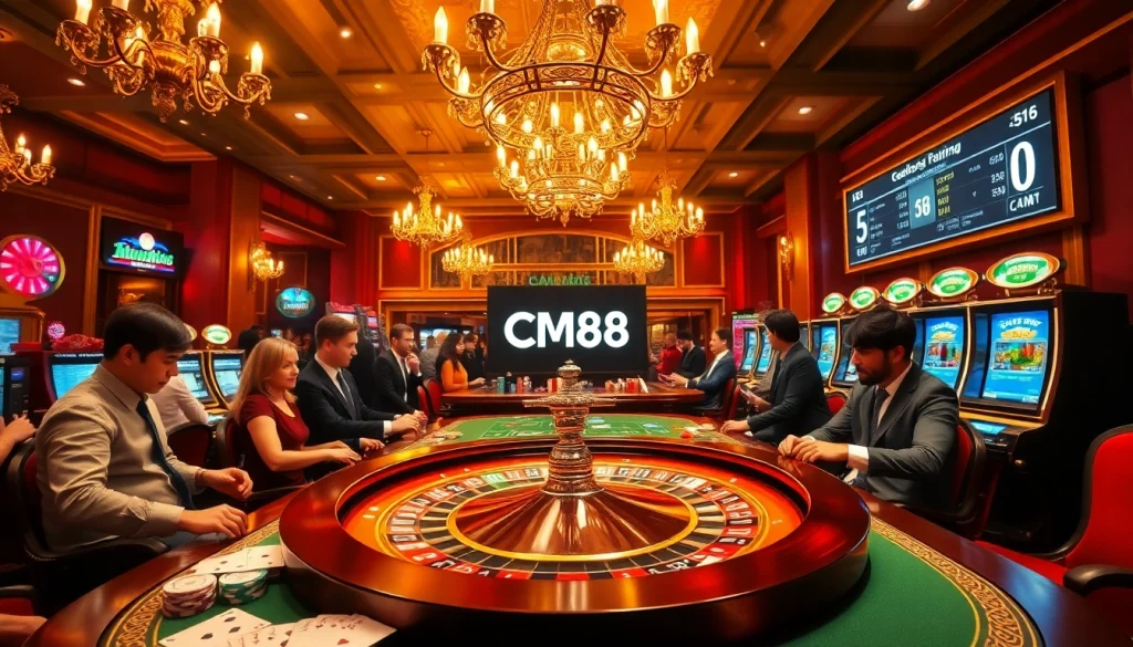 Excited players at a roulette table in a casino, featuring "CM88" betting odds displayed digitally, capturing the energy of high-stakes gaming.