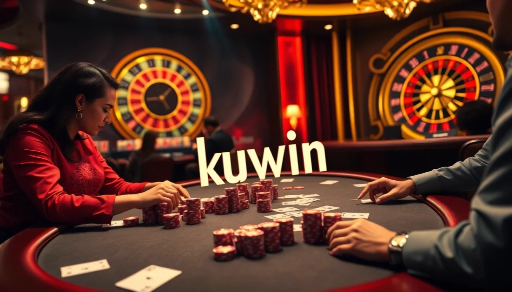 Kuwin poker game showcasing players at a high-stakes table with chips and cards.
