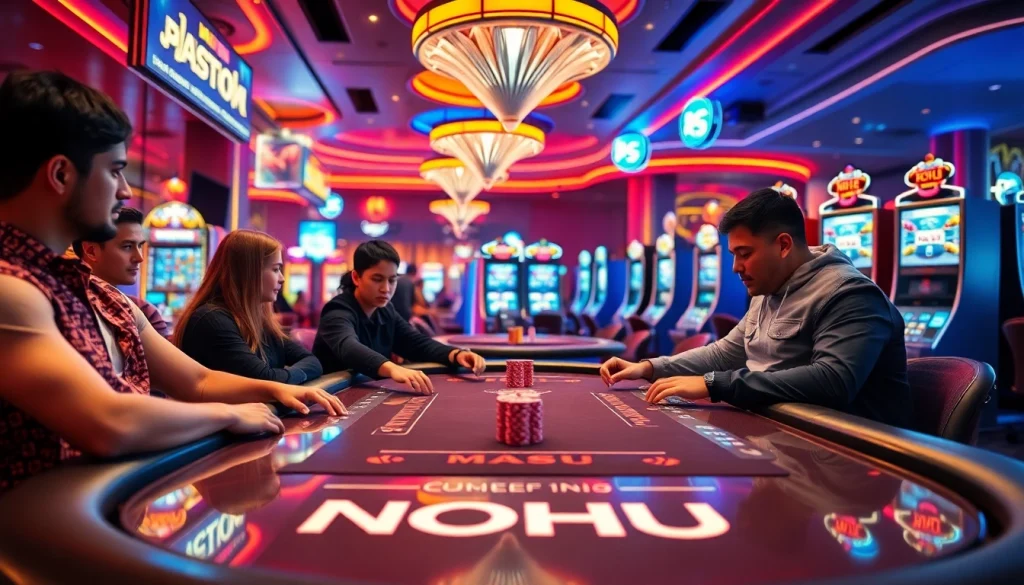 Experience the thrill of the NOHU poker table as players strategize their winning moves amidst the lively casino atmosphere.