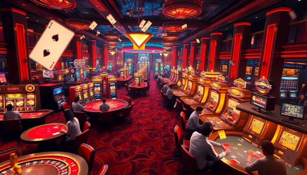 Experience the thrill of BL555 at a vibrant casino with gaming tables and slot machines.