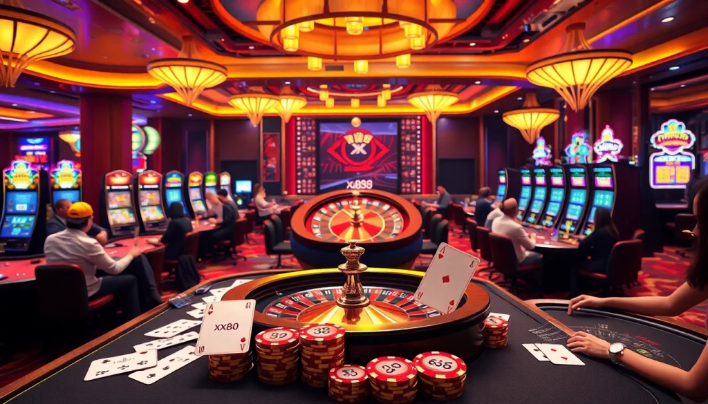 Experience the thrill of xx88 at an exciting casino, showcasing vibrant tables, roulette, and players immersed in games.