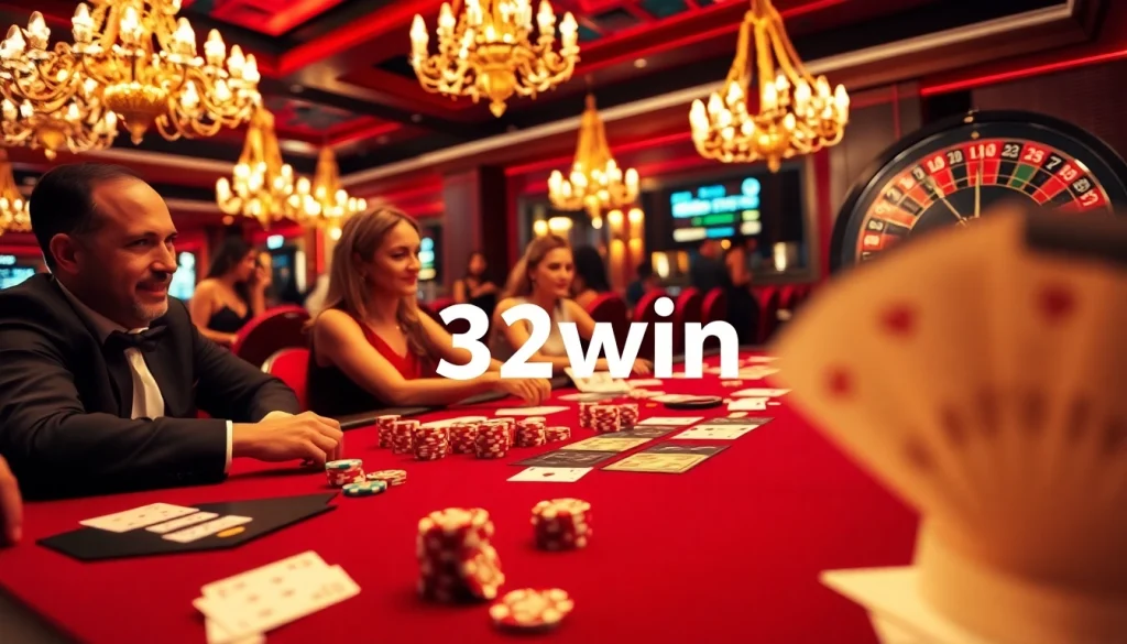 Players enjoying an engaging poker game at 32win casino with vibrant chips and cards.