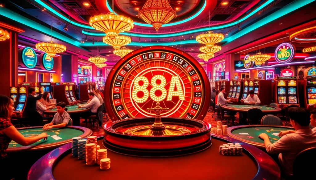 Experience the thrill of 88AA roulette in a dazzling casino setting, where players make high-stakes bets.