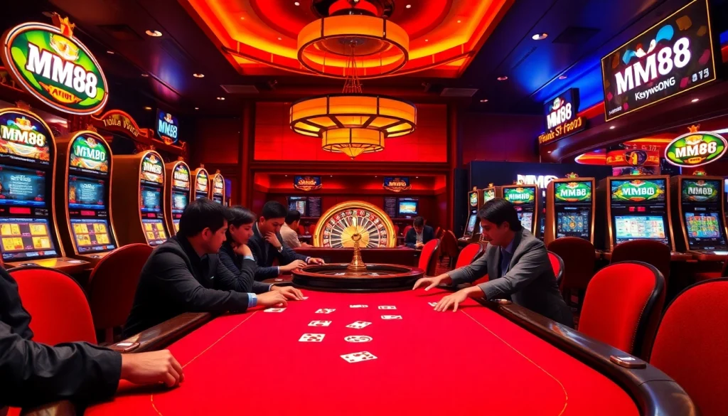 Experience the thrill of MM88 as players engage in lively poker action at a luxurious casino, surrounded by colorful slot machines.