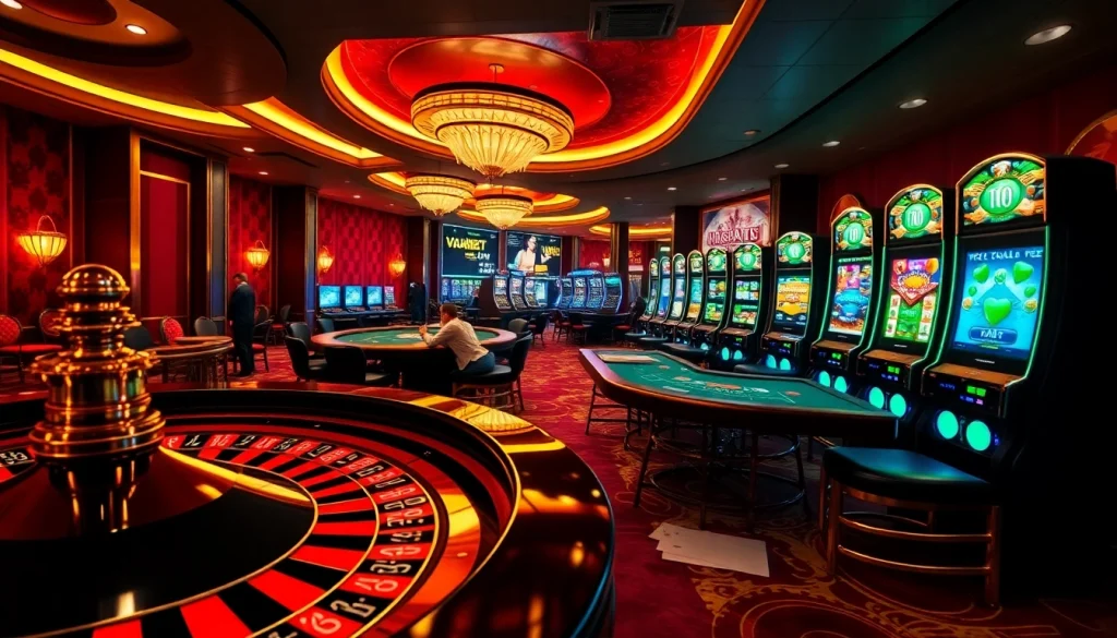VAOBET players enjoying a thrilling roulette game in an upscale casino atmosphere.