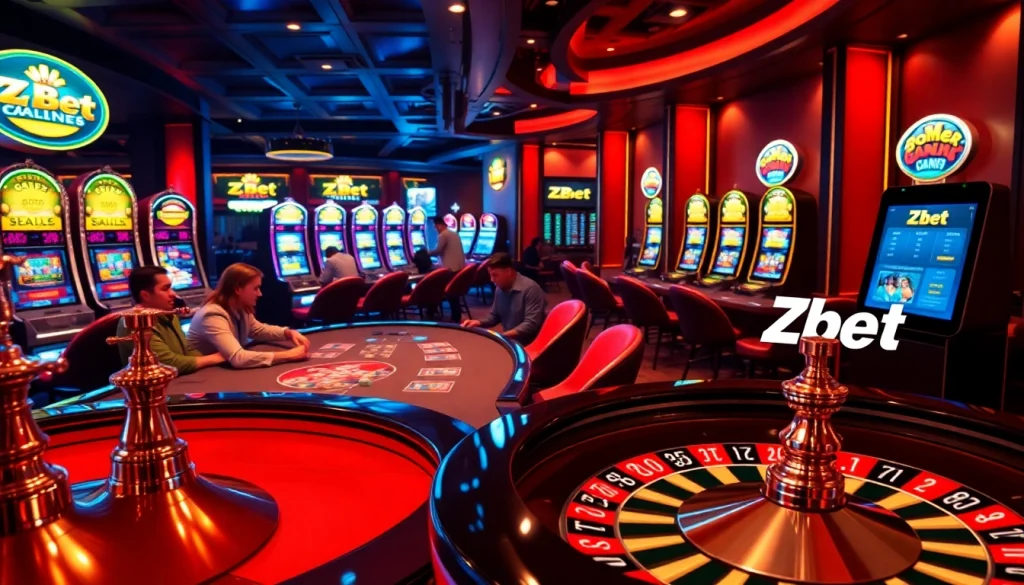 Zbet casino scene with players at a poker table, colorful chips, and a spinning roulette wheel.