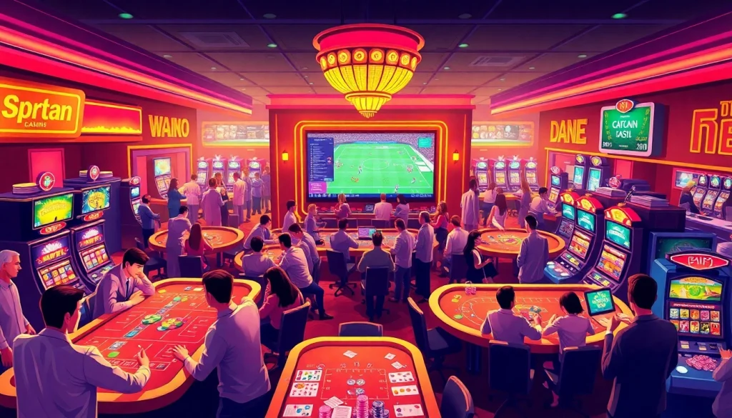 Thể Thao Happyluke brings excitement to sports betting with lively casino atmosphere showcasing players at tables and screens.