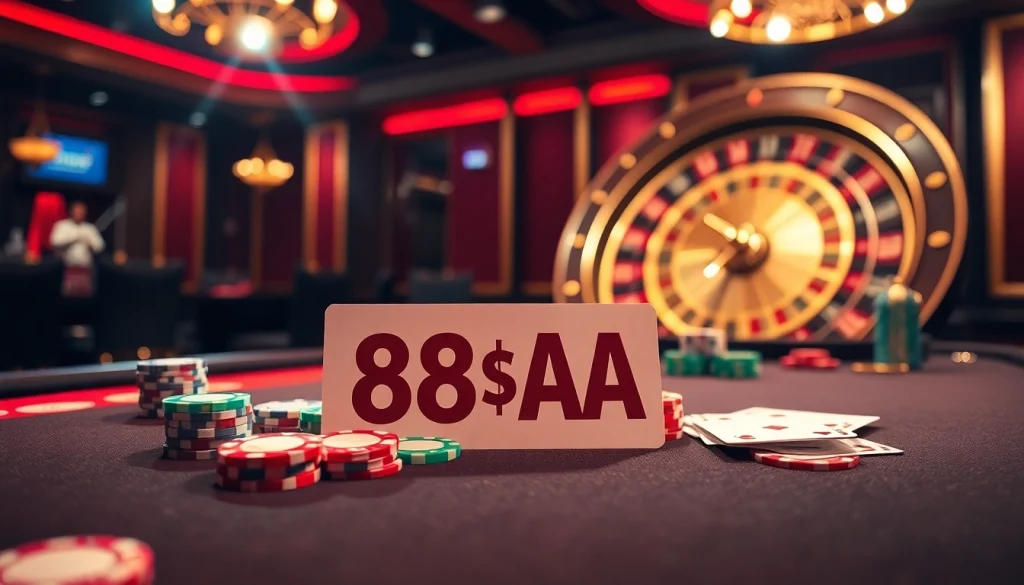 88AA poker table showcasing vibrant chips and cards in a dynamic casino setting.