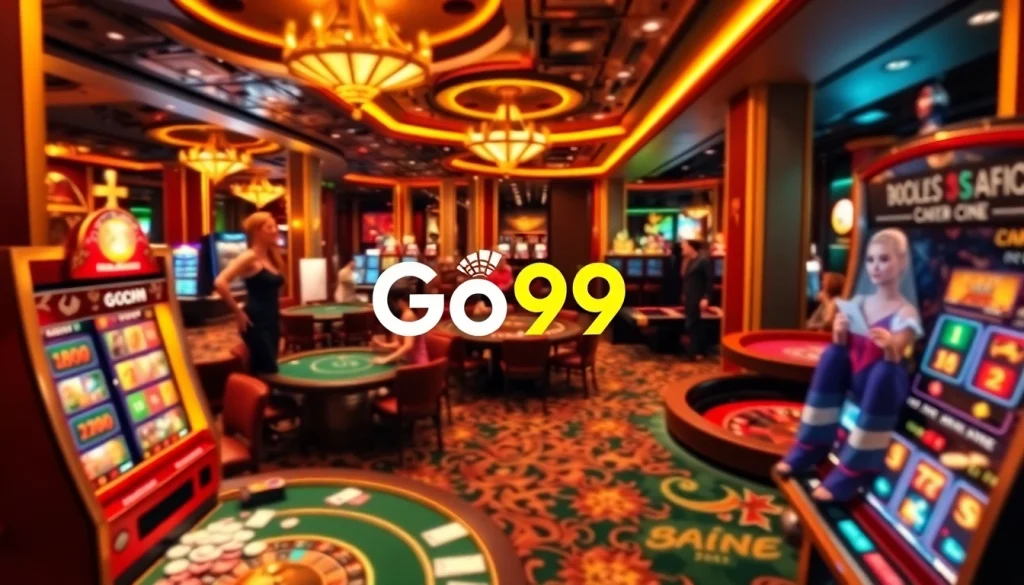 Go99 casino scene filled with excitement, showcasing players at tables and slots.