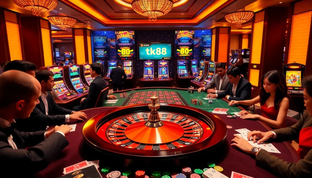 tk88-themed high-stakes casino scene showcasing vibrant roulette game excitement with poker chips and players.