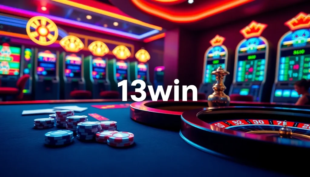 Experience the thrill of gambling with 13win at a dynamic online casino featuring poker chips and vibrant slot machines.