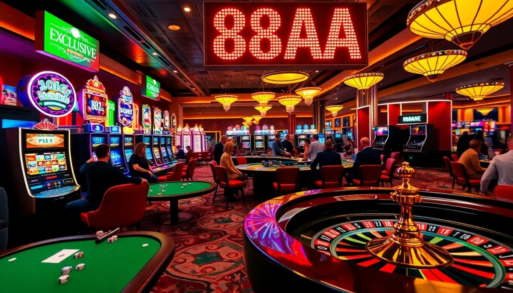 88AA Casino excitement with vibrant slot machines and poker games.