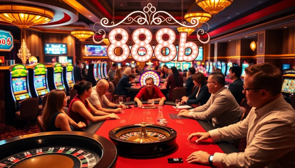 The action-packed moment at a casino featuring players engaged at a poker table and slots, capturing the thrill of 888b gaming.