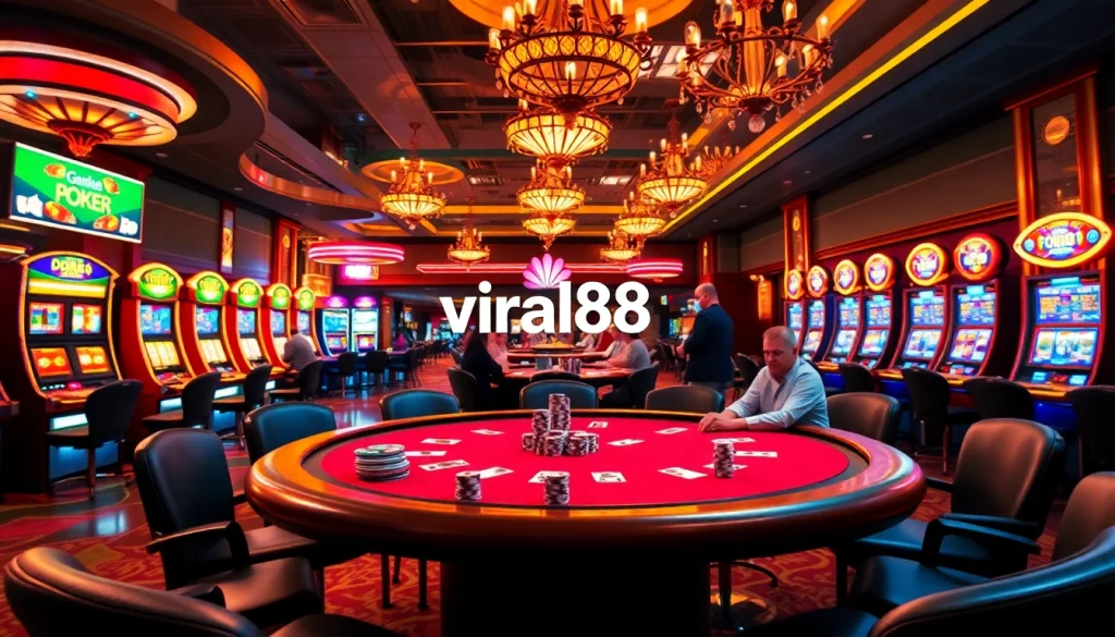 Vibrant casino poker night featuring players at the table and a "viral88" neon sign illuminating the excitement of gambling.