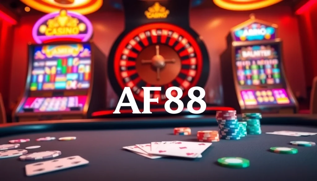 Exciting AF88 casino scene with poker chips, cards, and a spinning roulette wheel.
