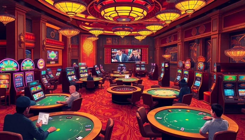 Explore the exciting world of gambling at https://79kingc2.com/ with vibrant casino interiors featuring slot machines and poker tables.