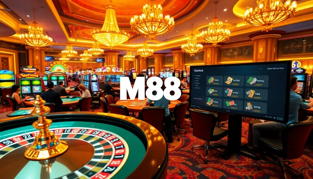 Players enjoy exciting games at M88 casino, featuring poker tables and slot machines under bright lights.