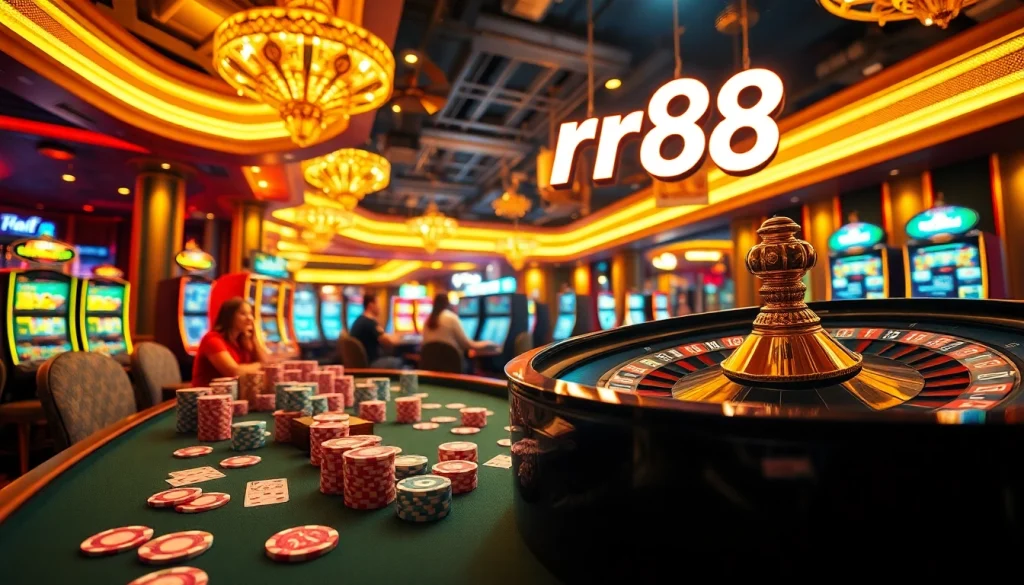 rr88 players immersed in a thrilling game at a vibrant casino table, surrounded by colorful chips and spinning roulette wheel.