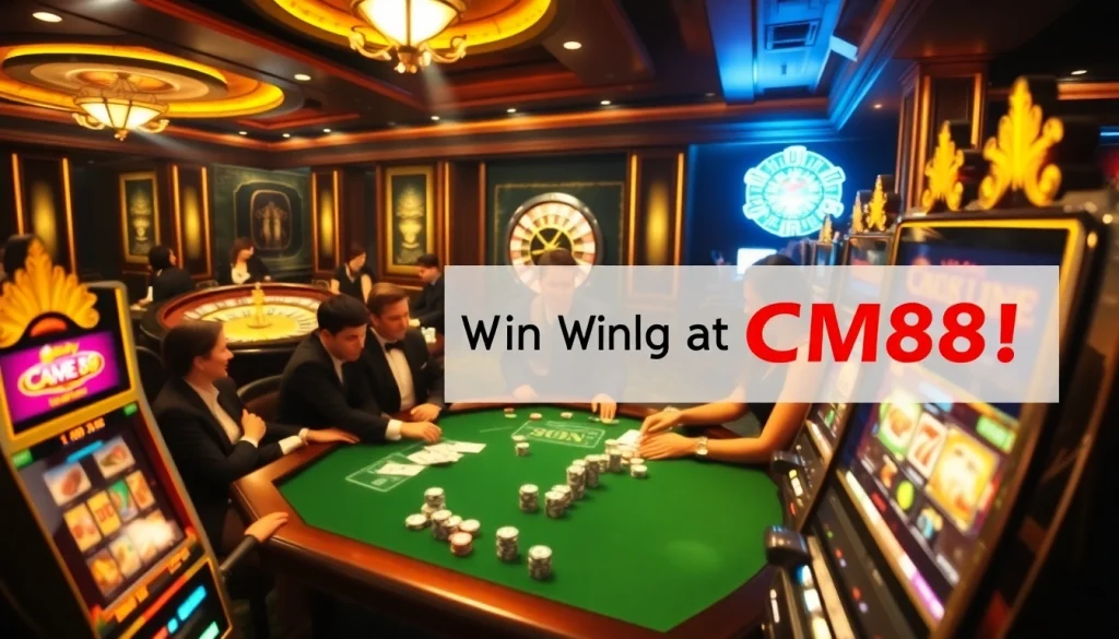 A bustling casino scene featuring players at a poker table and exciting slot machines, embodying the thrill of cm88 gaming.