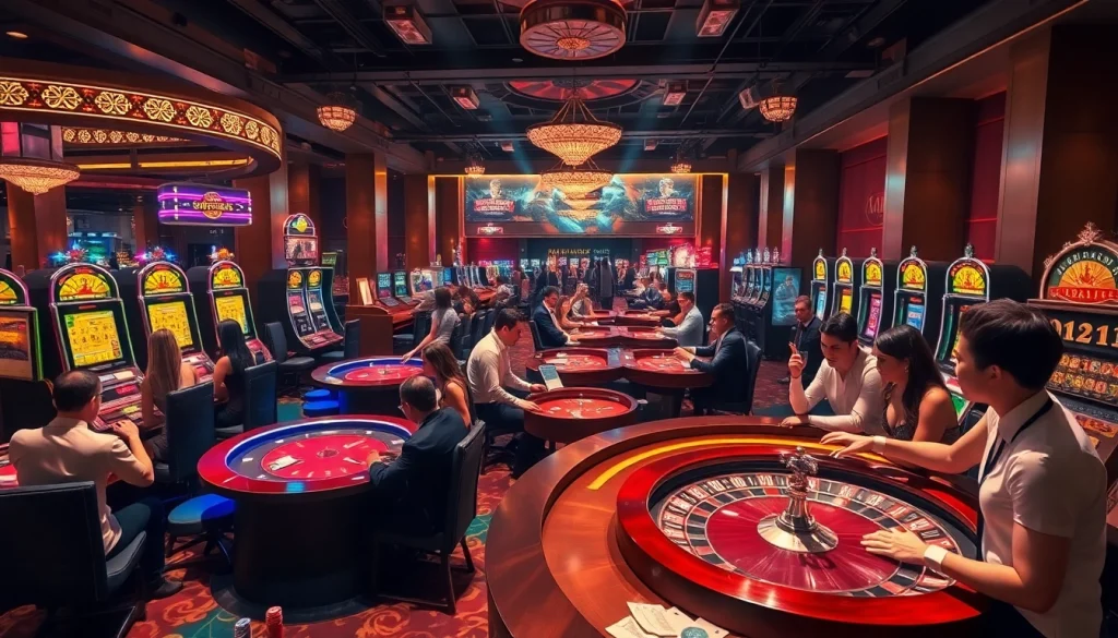 Players enjoying their winnings at 777vip with vibrant casino tables and thrilling slot machines.