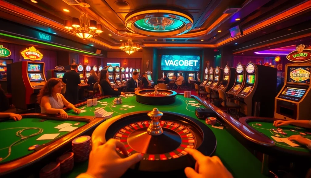 Experience the thrill of gaming with VAOBET in a bustling casino, featuring vibrant slots and eager players at poker tables.