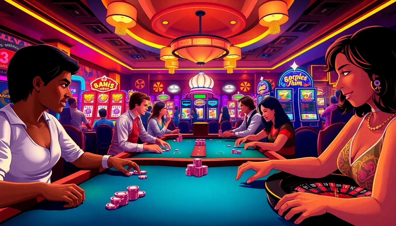 Players enjoying intense gameplay at https://mm88.vegas/ casino tables amidst vibrant slot machines.