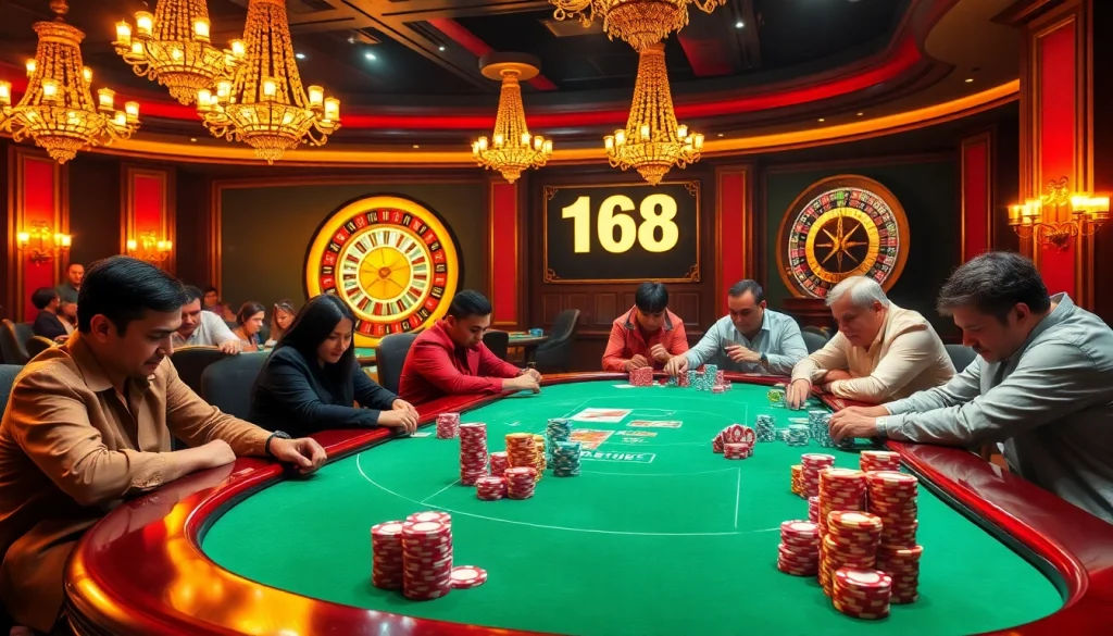Gamble at the exciting C168 poker table in a luxury casino with vibrant chips and challenging players.