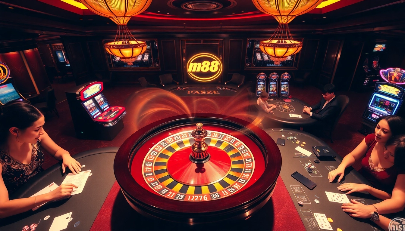 Experience the thrill of mm88's casino gaming with excited players at roulette and poker tables illuminated by vibrant lights.