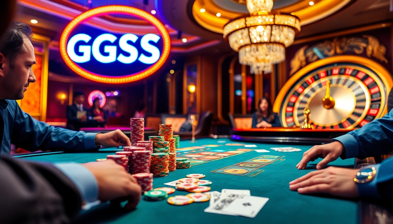 Exciting table action at GGSS Casino: poker players strategizing bets with vibrant chips and cards.