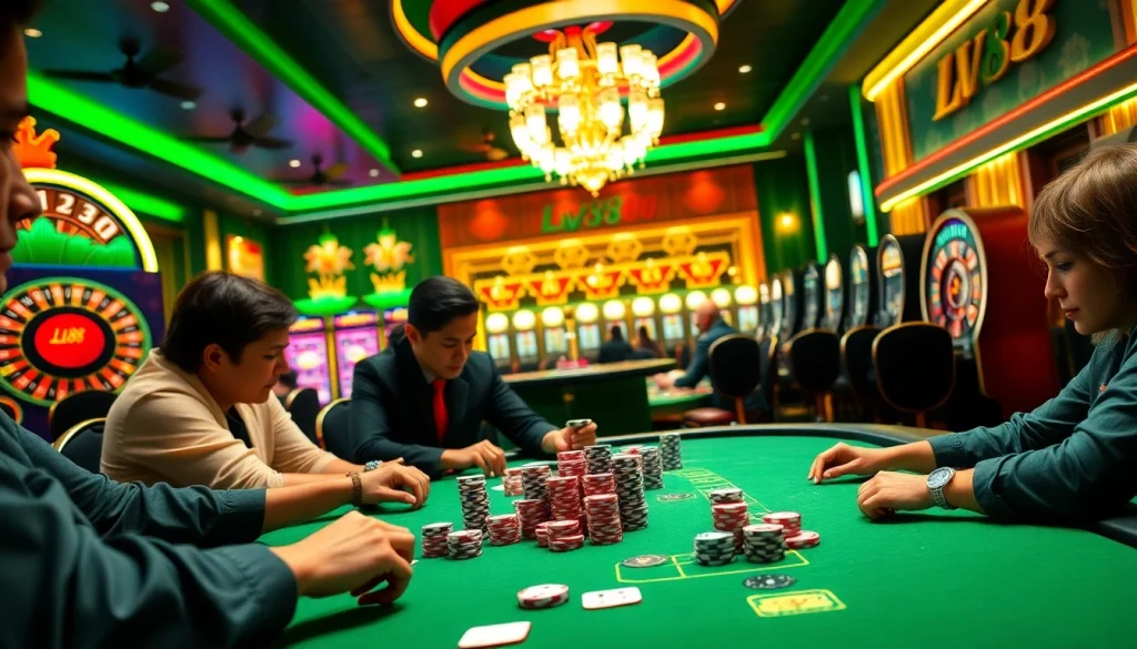 Players engaged in a high-stakes game at lv88 casino, featuring colorful poker chips and cards.