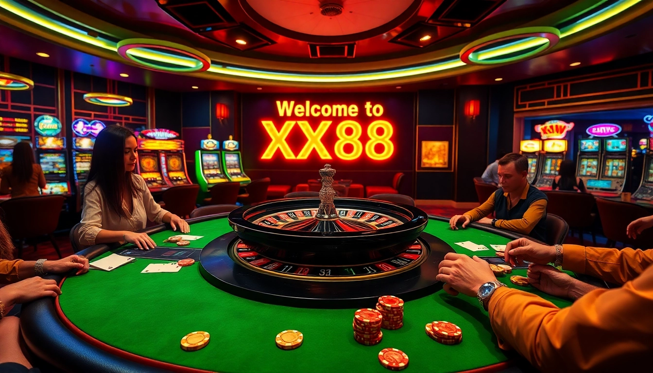 Experience the thrill of winning at XX88 Casino with poker tables and vibrant slot machines.