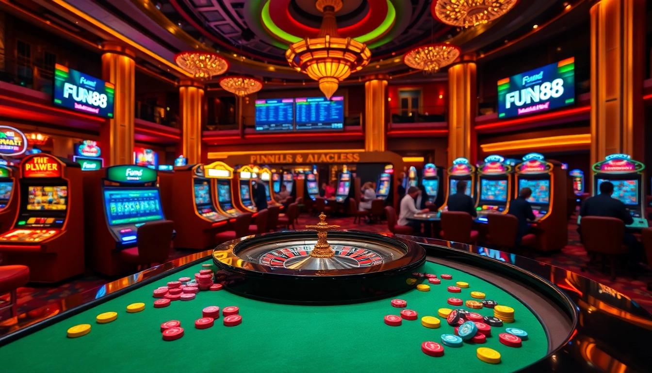 Fun88's lively casino atmosphere, showcasing a bustling roulette table and vibrant slot machines, inviting players to win.