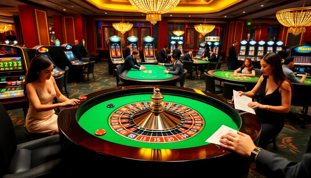 Win big at max88 vin with an engaging casino scene featuring roulette, poker, and slots.