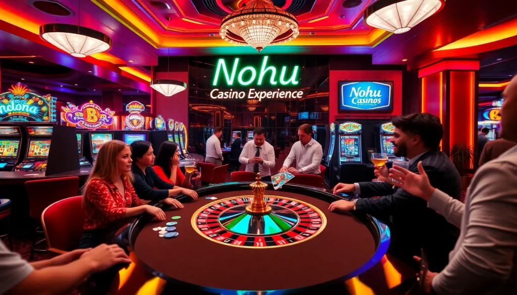 Nohu Casino Experience, where guests enjoy vibrant gambling action at roulette tables amidst a lively atmosphere.