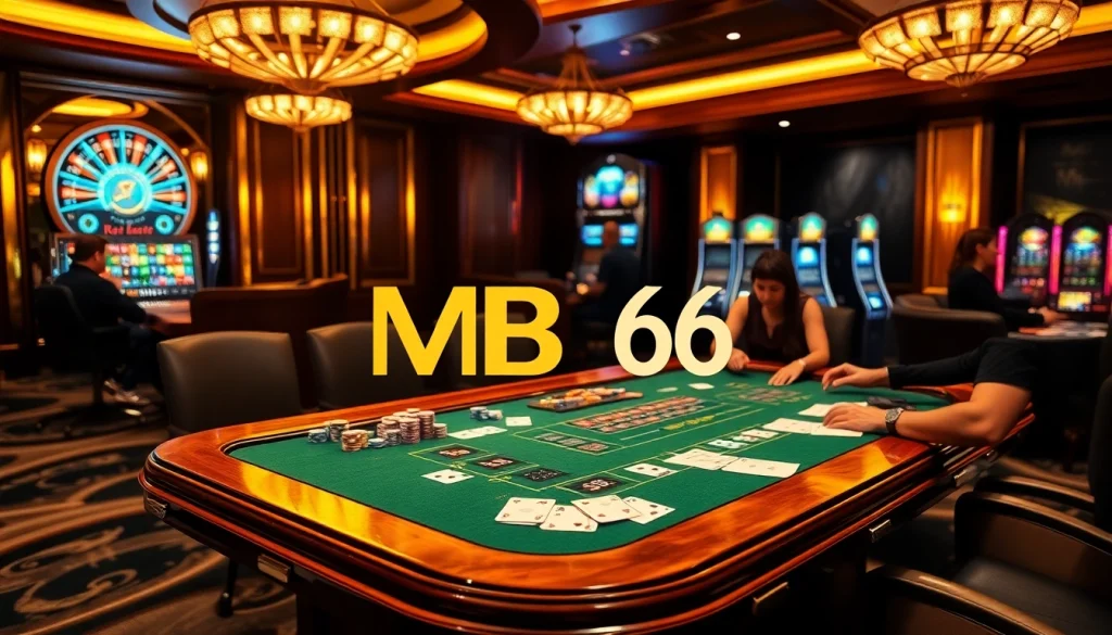 Engaged players at an MB 66 casino gaming table, showcasing excitement with cards and chips.