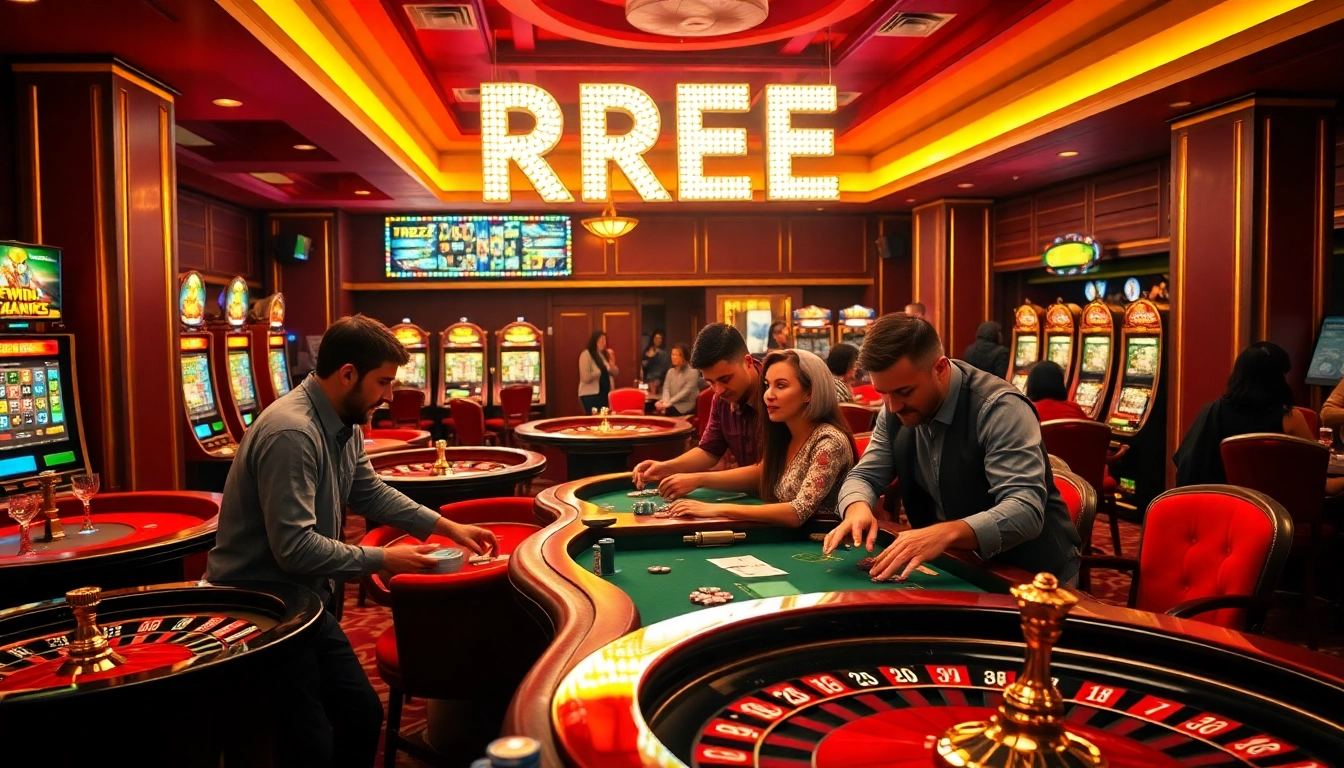 RREE casino scene capturing players celebrating wins at poker tables.