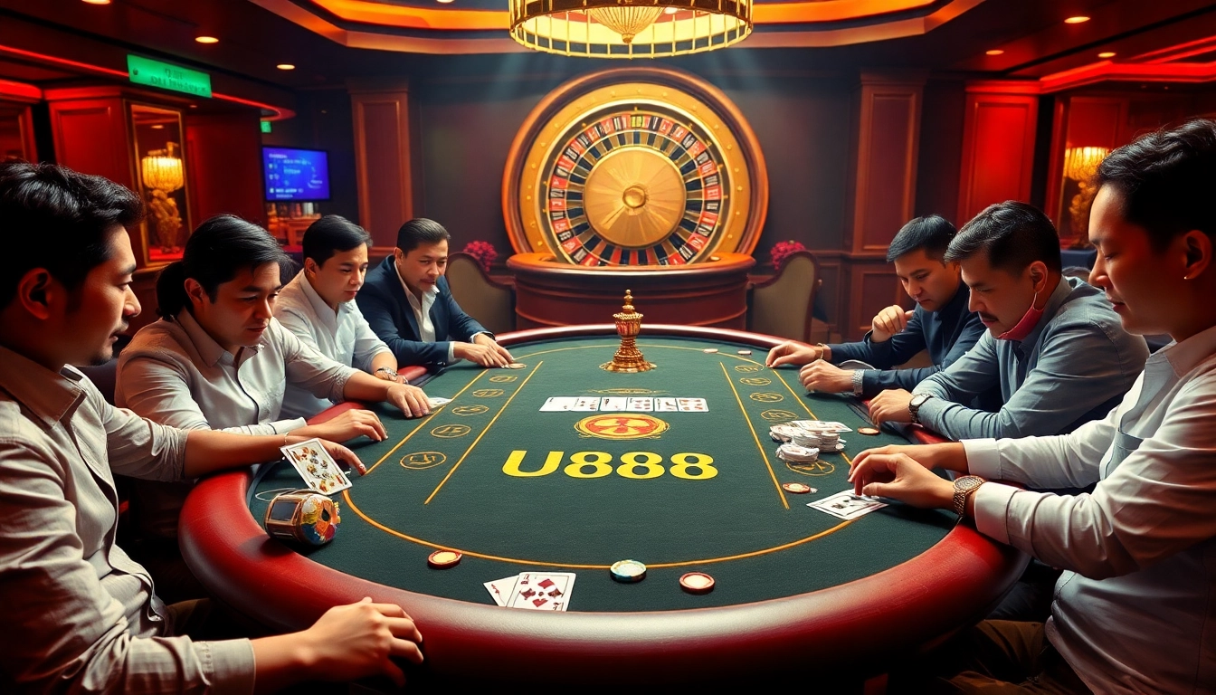 U888 poker table scene with players showcasing excitement and high-stakes thrills in an opulent casino setting.