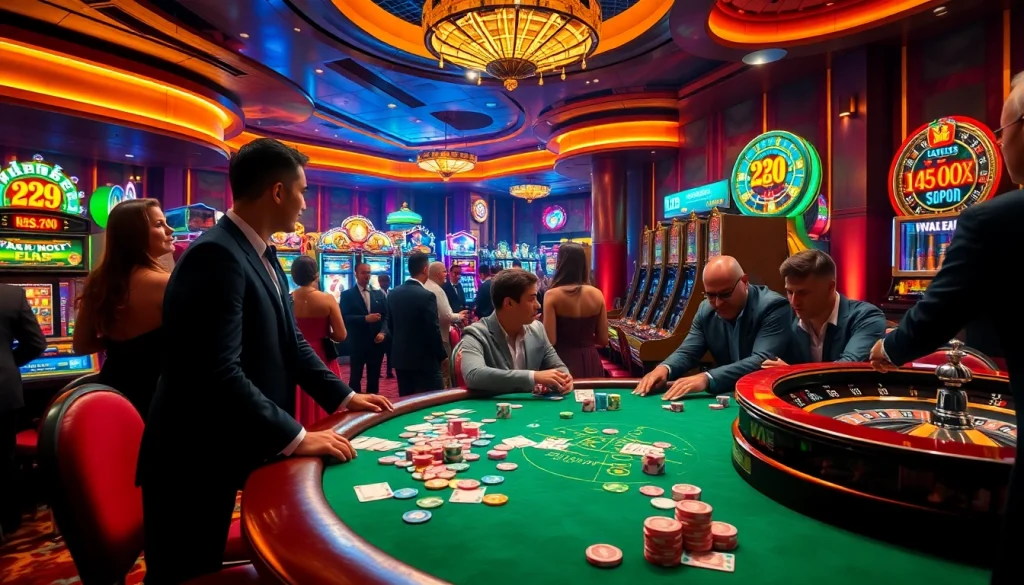 VAOBET's exciting casino scene showcases players enjoying a high-stakes poker game with vibrant chips and cards.
